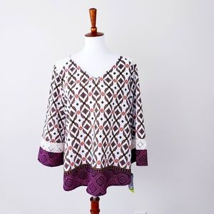 Valerie Stevens Boho Print Blouse Burgundy Lace Trim Size Large Flowy New NWT